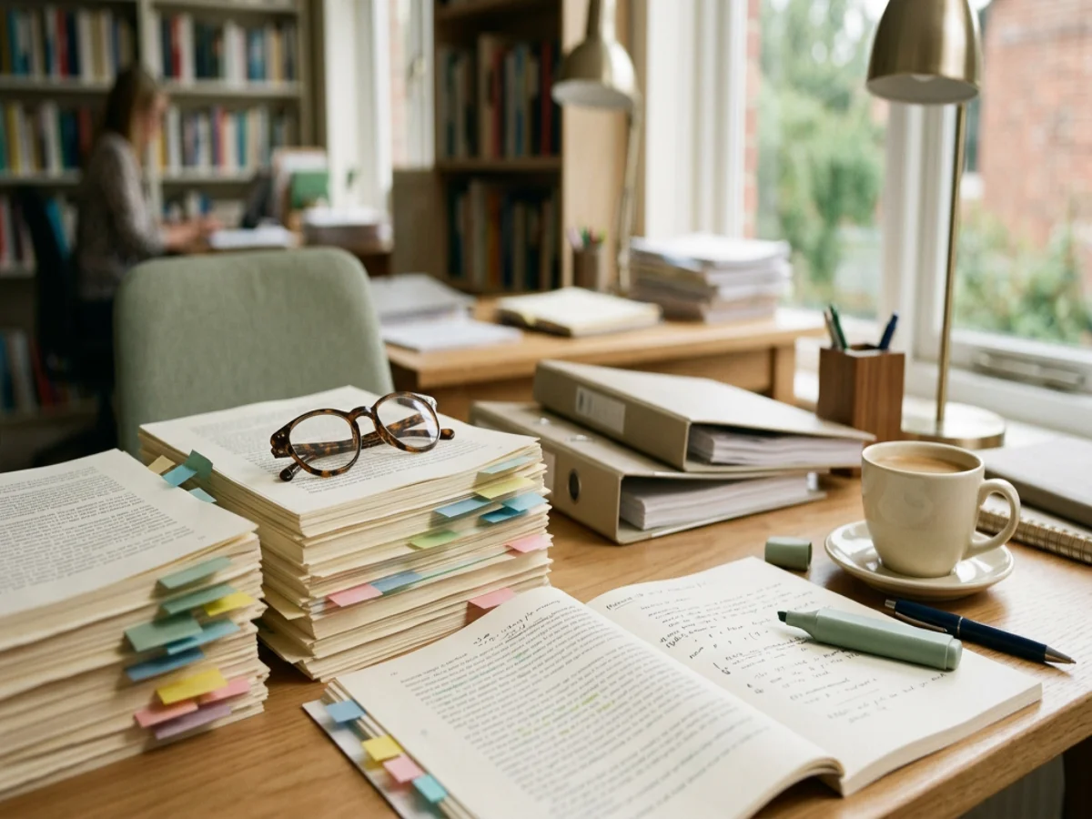 Schreibtisch mit Unterlagen und Markierungen zur redaktionellen Prüfung, 1200x900 Pixel