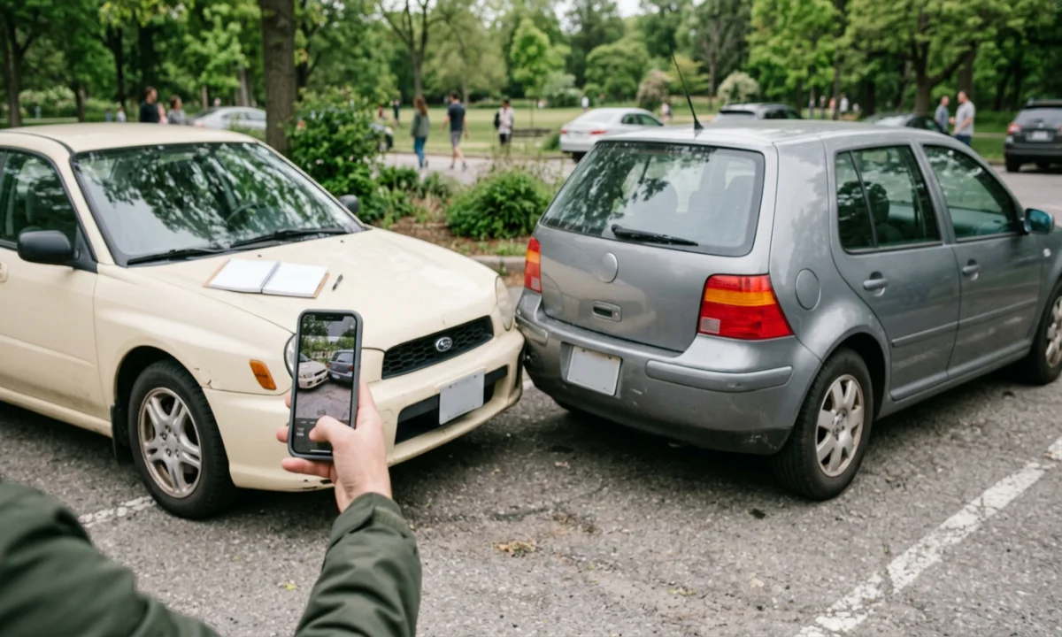 Fahrzeugseite mit Kamera und Notizblock zur Schadensdokumentation, 1200x720 Pixel