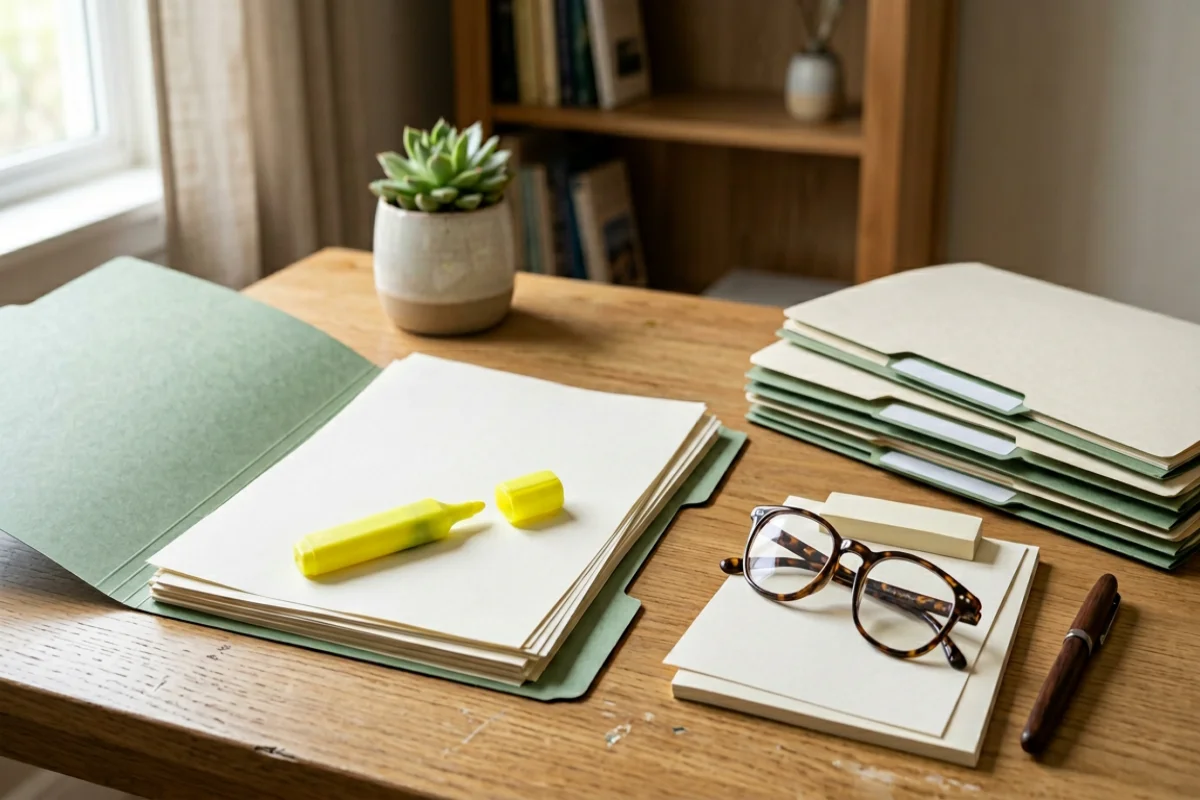 Arbeitsplatz mit Policen und Prüfliste zur Vertragskontrolle, 1200x800 Pixel